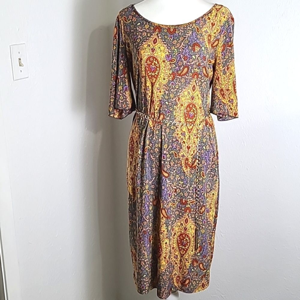 Mlle Gabrielle Colorful Paisley Sheath Dress with Gold Chain Belt, Size Medium